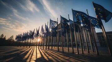 europeu União bandeiras acenando dentro a vento às pôr do sol. generativo ai. foto