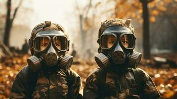 dois crianças dentro militares uniformes e gás máscaras dentro depois de nuclear floresta. generativo ai. foto