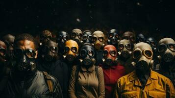 grupo do pessoas vestindo gás máscaras. conceito do nuclear poluição e postar apocalíptico. generativo ai. foto