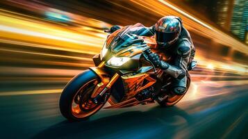 ebr corrida motocicleta com abstrato grandes exposição dinâmico Rapidez luz trilhas dentro a urbano meio Ambiente cidade, generativo ai foto