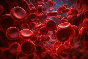 vermelho sangue células. circulação do hemoglobina através embarcações. sangue anemia fundo. humano vermelho eritrócitos. hemoglobina debaixo elétron microscópio. generativo ai foto