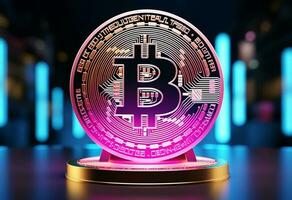 grande dourado bitcoin moeda ficar de pé em néon Rosa e azul o negócio digital fundo com cópia de espaço foto