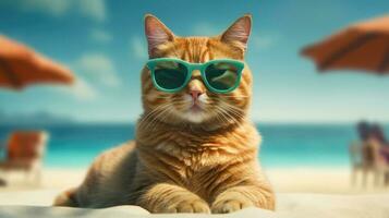 gato dentro oculos de sol banhos de sol em a de praia. generativo ai tecnologia. foto