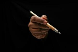 ásia masculino Sombrio esfolado solteiro mão punho dedo em Preto fundo segurando caneta escrever placa foto