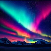 aurora norte vibrante gradiente luzes sobre árvore montanha lindo roxo, verde estrelado céu foto
