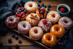 caixa com envidraçado rosquinhas com coberturas. generativo ai. foto