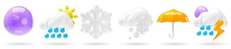 conjunto do 3d clima ícones. cheio lua, floco de neve, trovoada e guarda-chuva ícones em isolado branco fundo. previsão placa Projeto para inscrição e rede. 3d render ilustração. foto