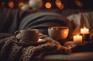 café caneca e cobertor dentro Natal estilo com generativo ai foto