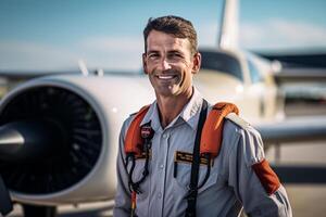 sorridente masculino piloto em pé dentro frente do avião com generativo ai foto