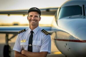 sorridente masculino piloto em pé dentro frente do avião com generativo ai foto