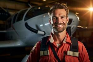 sorridente masculino piloto em pé dentro frente do avião com generativo ai foto