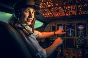 a cockpit do uma avião com uma feliz mulher piloto com generativo ai foto