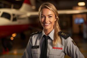 sorridente fêmea piloto em pé dentro frente do avião com generativo ai foto