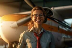 sorridente fêmea piloto em pé dentro frente do avião com generativo ai foto