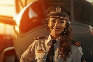 sorridente fêmea piloto em pé dentro frente do avião com generativo ai foto