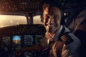 a cockpit do uma avião com uma feliz homem piloto com generativo ai foto