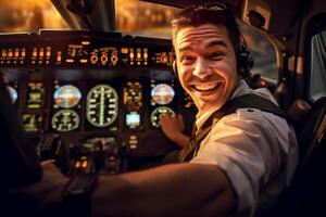 a cockpit do uma avião com uma feliz homem piloto com generativo ai foto