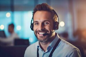 sorridente masculino ligar Centro operador trabalhando dentro a escritório com generativo ai foto