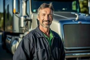 uma sorridente masculino caminhão motorista em pé dentro frente do dele caminhão com generativo ai foto