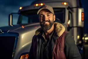 uma sorridente masculino caminhão motorista em pé dentro frente do dele caminhão com generativo ai foto