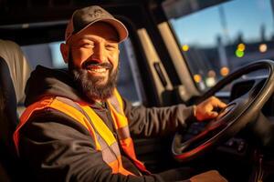 uma sorridente masculino caminhão motorista às a roda do uma caminhão com generativo ai foto