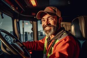 uma sorridente masculino caminhão motorista às a roda do uma caminhão com generativo ai foto