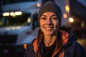 uma sorridente fêmea caminhão motorista em pé dentro frente do dela caminhão com generativo ai foto