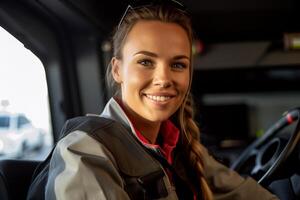 uma sorridente fêmea caminhão motorista às a roda do uma caminhão com generativo ai foto