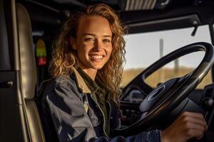 uma sorridente fêmea caminhão motorista às a roda do uma caminhão com generativo ai foto