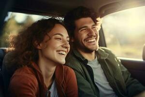 jovem casal sorridente dentro carro dirigindo com generativo ai foto