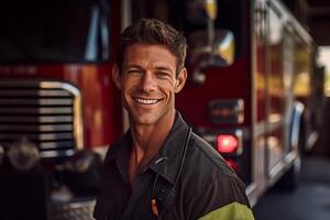 uma sorridente masculino bombeiro dentro frente do a fogo caminhão com generativo ai foto