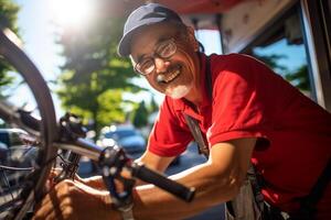 feliz homem fixação bicicleta em uma bicicleta prateleira com generativo ai foto