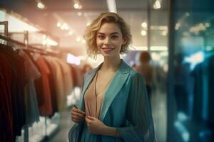 uma feliz mulheres olhando moda e escolhendo eles dentro uma moderno compras loja com generativo ai foto