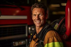 uma sorridente masculino bombeiro dentro frente do a fogo caminhão com generativo ai foto