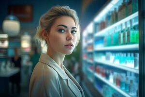 uma mulher dentro a farmacia para verificação Fora remédio com generativo ai foto