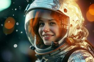 uma feliz astronauta mulher dentro espaço capacete e espaço tema com generativo ai foto