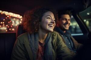 jovem casal sorridente dentro carro dirigindo com generativo ai foto