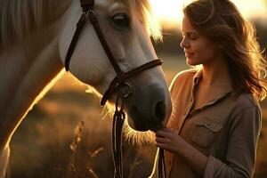 uma jovem feliz mulher tocante uma cavalo com generativo ai foto