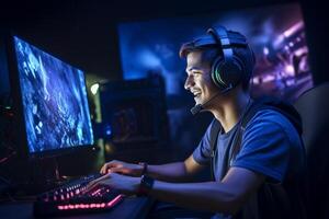 uma feliz jogador homem vestindo fones de ouvido é usando uma computador às noite com generativo ai foto