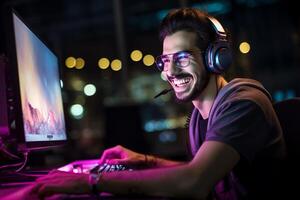 uma feliz jogador homem vestindo fones de ouvido é usando uma computador às noite com generativo ai foto