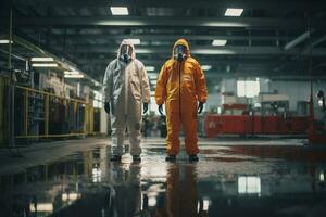 dois Engenharia trabalhadores dentro protetora terno em pé dentro uma fábrica com generativo ai foto