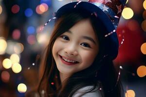 jovem lindo menina sorridente dentro festa chapéu e segurando uma confete com generativo ai foto