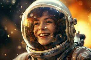 uma feliz astronauta mulher dentro espaço capacete e espaço tema com generativo ai foto