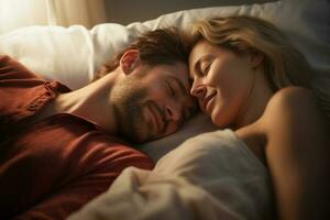 feliz casal dormindo em uma cama dentro romântico humor com generativo ai foto