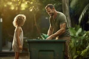 feliz pai e filha coletar lixo a partir de uma verde reciclando bin às a família com generativo ai foto