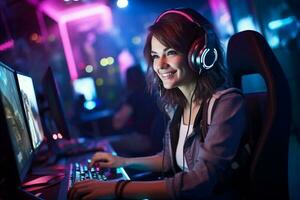 uma feliz jogador mulher vestindo fones de ouvido é usando uma computador às noite com generativo ai foto