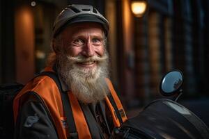 sorridente Entrega homem com mochila em dele lambreta com generativo ai foto