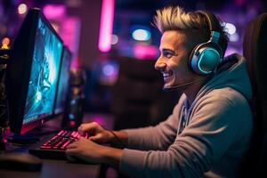 uma feliz jogador homem vestindo fones de ouvido é usando uma computador às noite com generativo ai foto