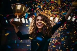 uma feliz fêmea vencedora em etapa segurando troféu dentro dele mãos com colorida luz confete com generativo ai foto