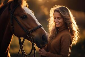 uma jovem feliz mulher tocante uma cavalo com generativo ai foto